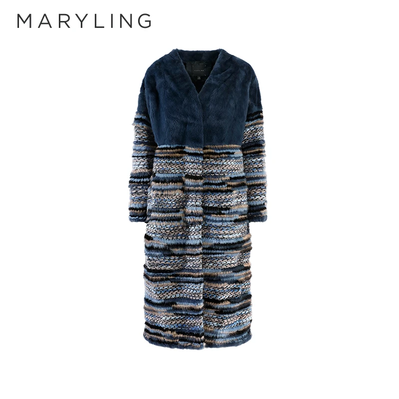 MARYLING玛俪琳秋冬时尚减龄海蓝色无领长款毛皮大衣A1AI9Q030