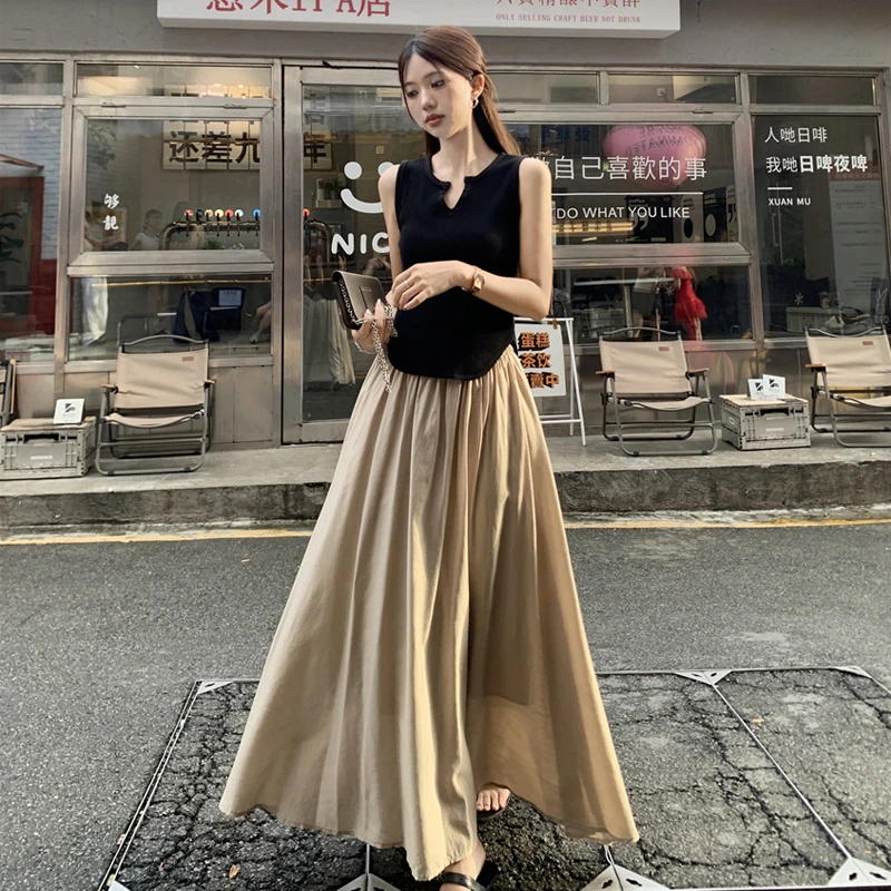 时尚法式气质穿搭套装黑色无袖修身背心女夏季高腰显瘦A字裙长裙