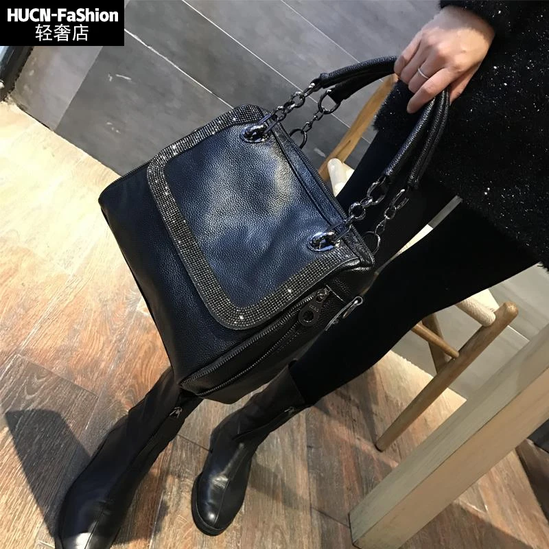 HUCN简约镶钻牛皮手提包女2025新款欧美风气质女包大容量单肩女包