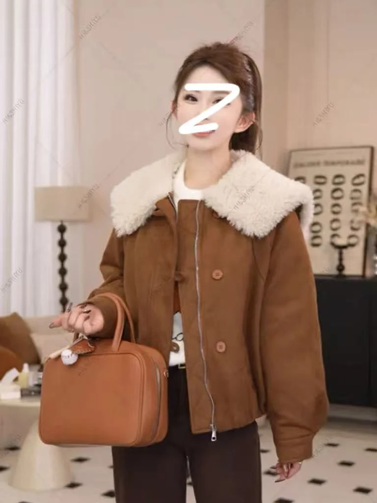 X12525-时尚气质百搭美拉德风毛毛领短外套女秋冬保暖显瘦