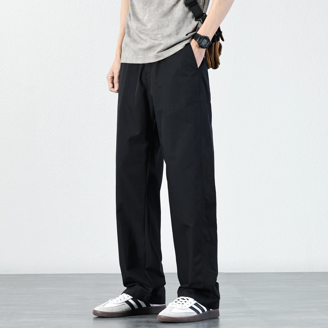 号志HAOZHI黑色轻薄透气休闲裤男士2025夏季简约宽松直筒垂感长裤