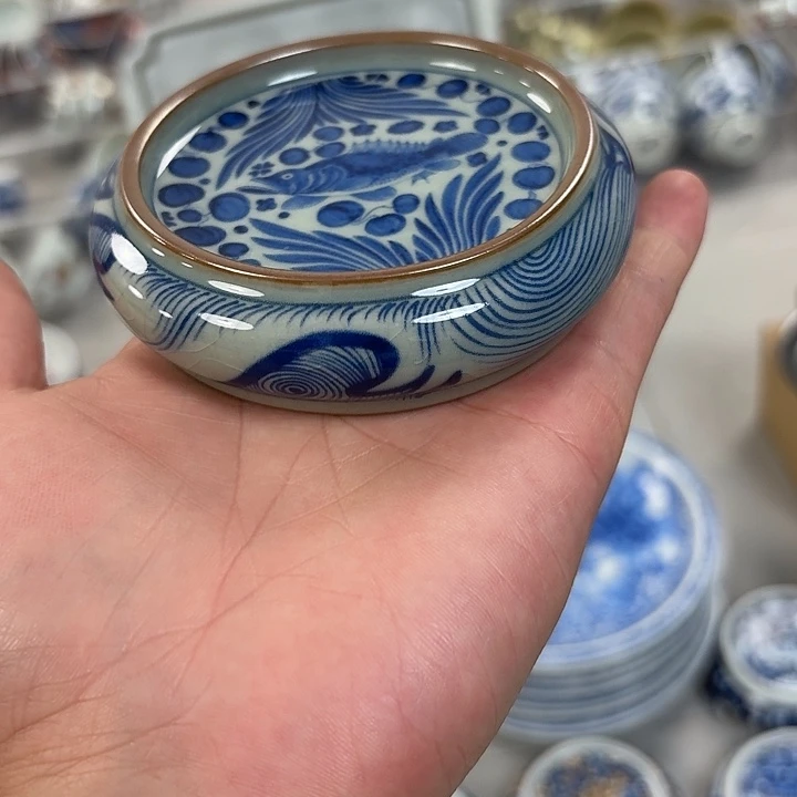 瓷片陶泥青花鱼藻杯垫