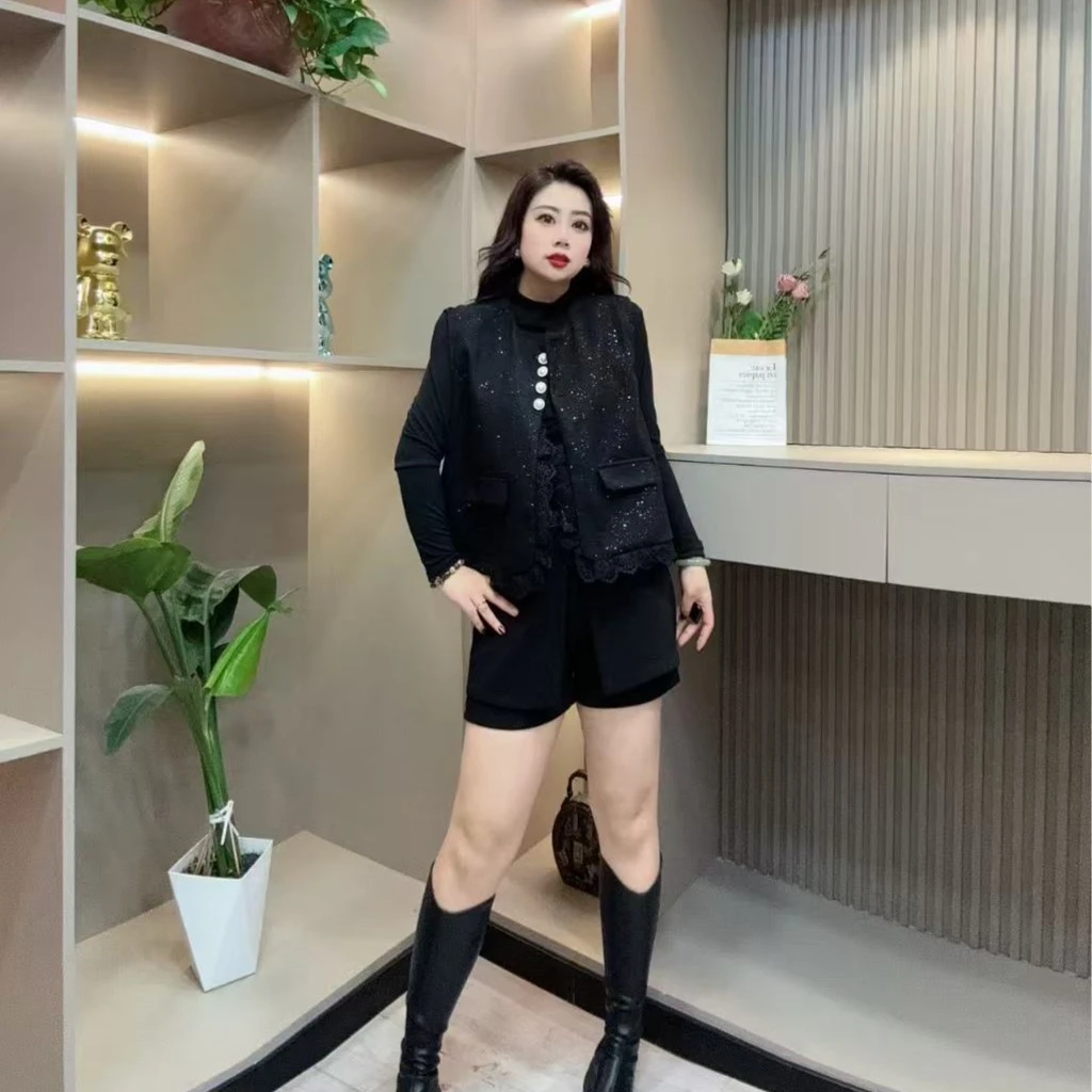 春季两件套-甜 3640时尚潮流蕾丝边珠珠显瘦洋气胖MM大码女装新款