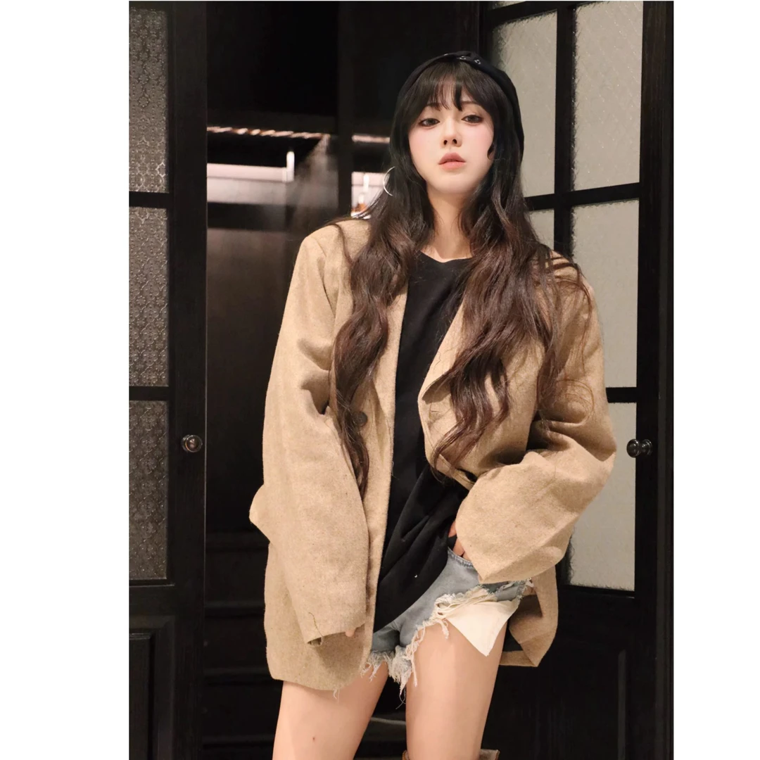 杜若的店/美式复古oversize男友风西服宽松休闲垫肩扩版毛呢外套