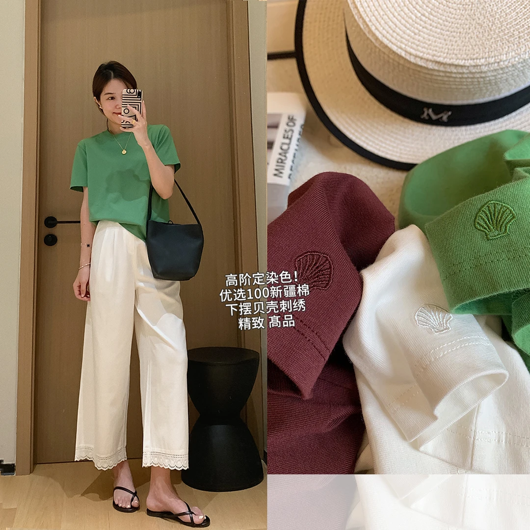 大叮自制【高阶定染色】品质感100新疆棉贝壳刺绣圆领短袖！S6097