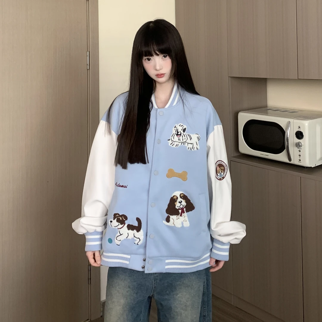 TOM潮 美式学院风狗狗毛巾绒刺绣棒球服短外套女宽松百搭情侣夹克