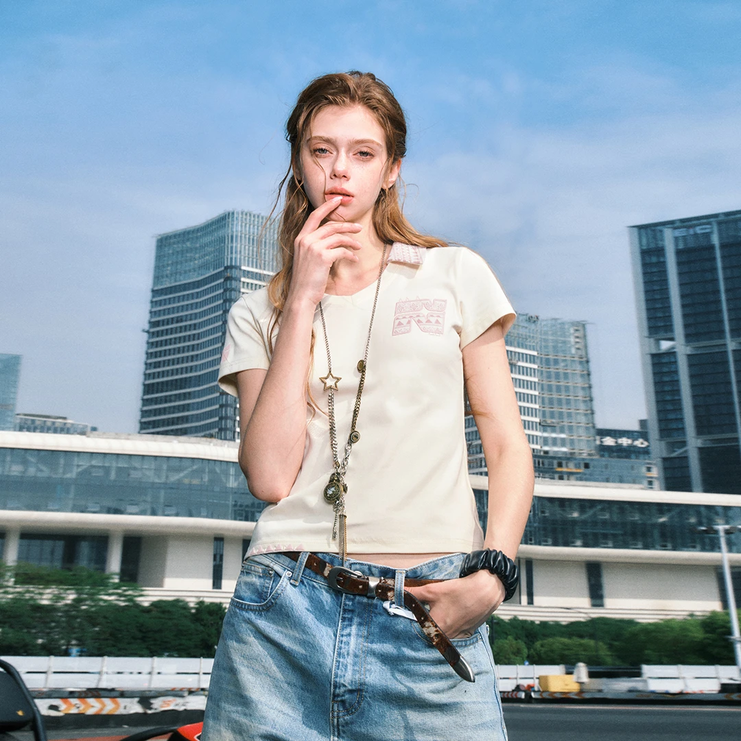 FORNINES民族风提花刺绣正肩V领短袖POLO衫女夏季短款收腰修身T恤