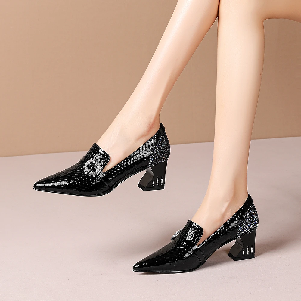 妮彩诗2024年欧美上班黑色职业女鞋水钻真皮百搭女鞋尖头1081