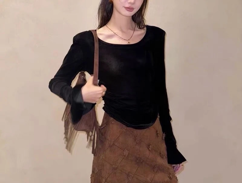 大码女装—2075秋季新款丝绒加蕾丝打底外穿花边显瘦洋气上衣T恤