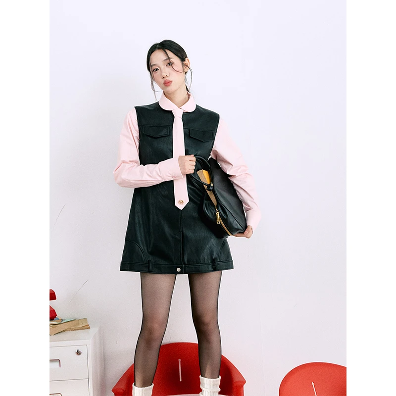 【LaluneDuCiel】LLDC设计感PU皮裙背心连衣裙+衬衫套装