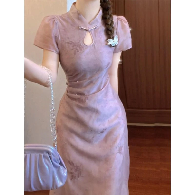 紫色印花改良旗袍连衣裙女夏季新款气质高级感新中式国风收腰长裙