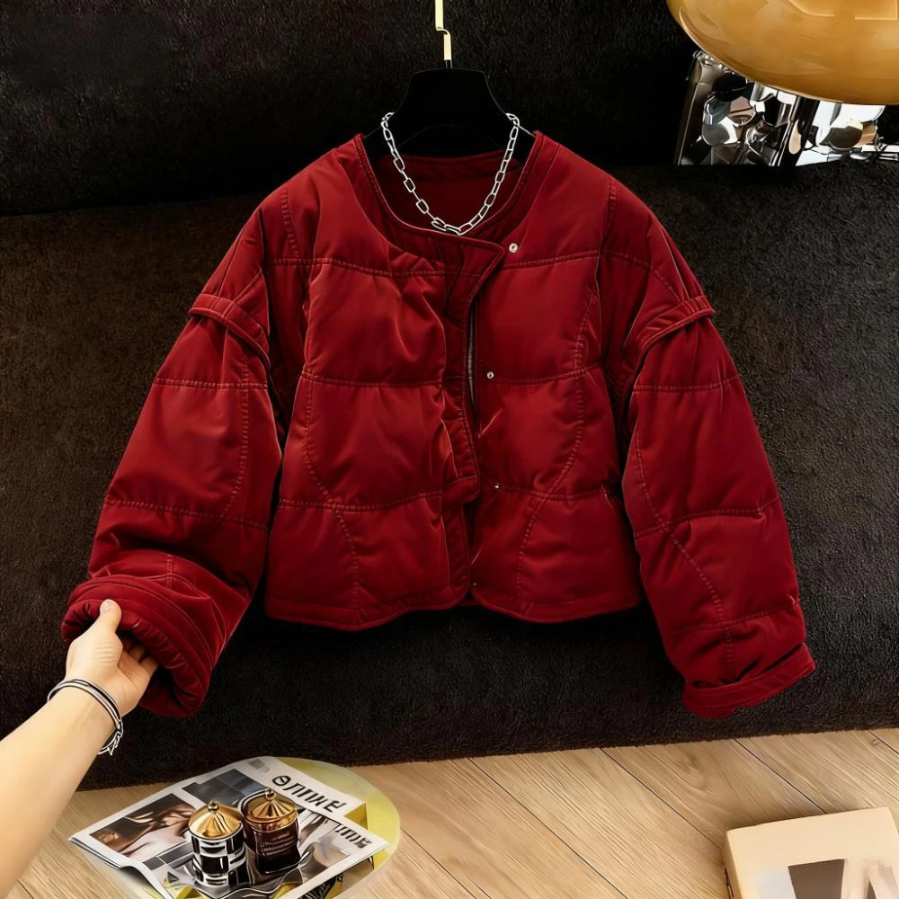 今年流行冬季爆款韩版气质红色丝绒棉服保暖外套女时髦小众面包服