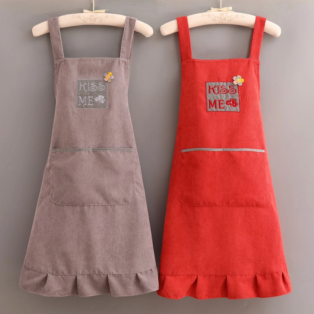 灯芯绒围裙可爱简约时尚围裙厨房家用防污耐磨双层透气防水衣围裙