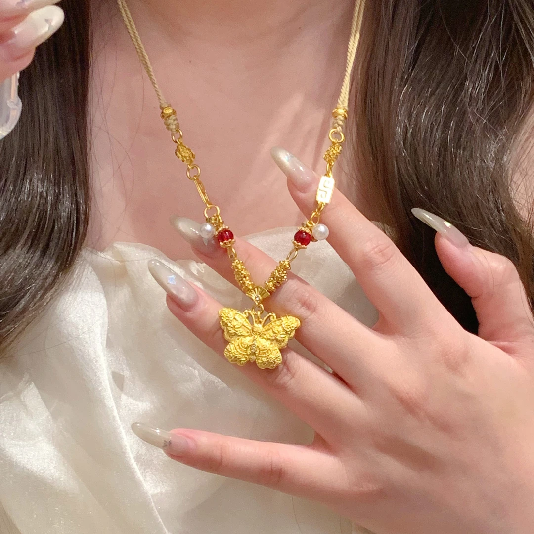 铜合金锆石吊坠 《古法鎏金錾刻丨福蝶之蝶舞纷飞蝴蝶吊坠》R011