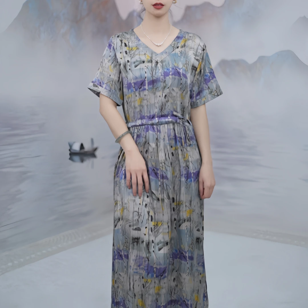 2550   夏季复古文艺印花国风款V领系带显瘦女装连衣裙