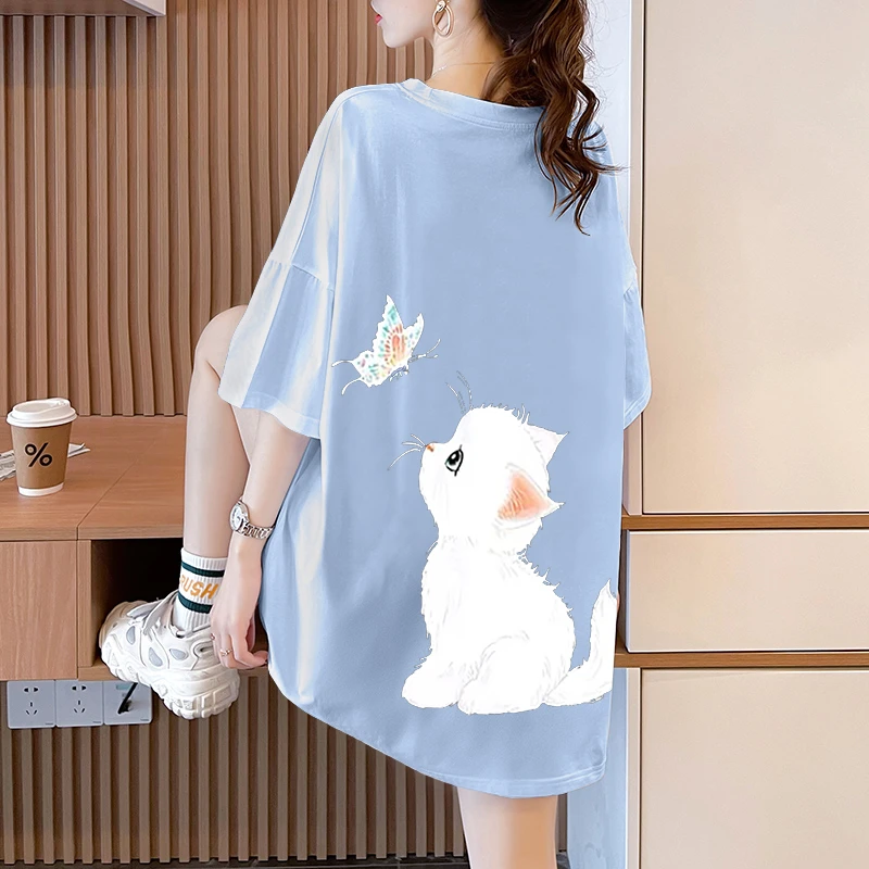 纯棉大版浅蓝色t恤女圆领短袖夏季韩版半袖大码宽松学生遮肚上衣