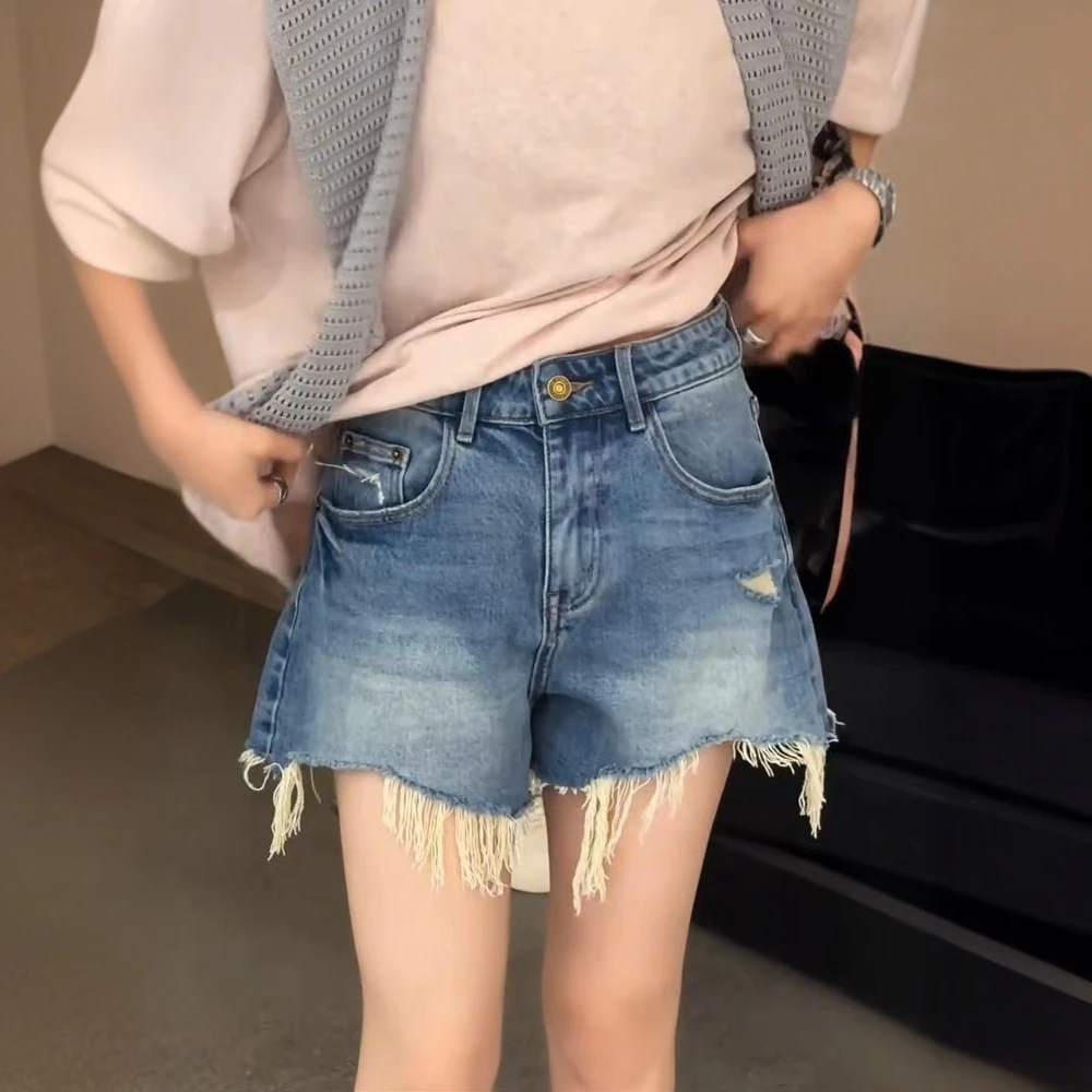 复古毛边破洞牛仔短裤女2025夏季新款高腰宽松显瘦阔腿a字热裤子