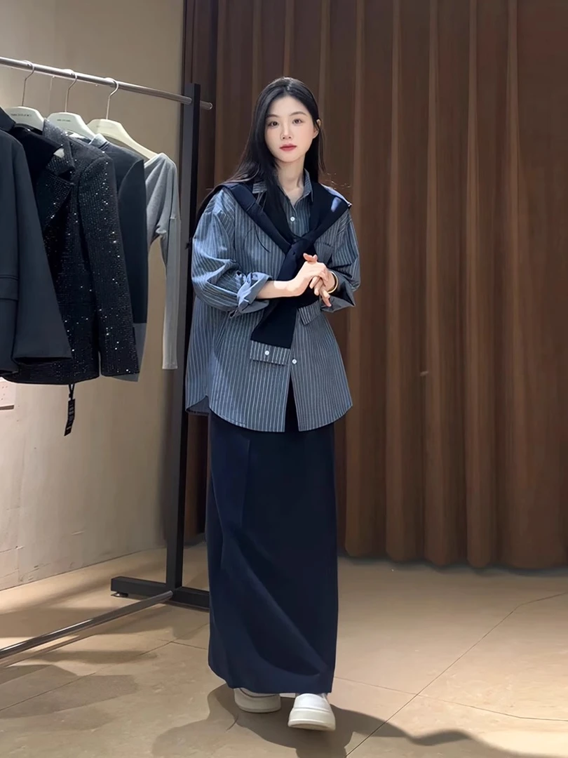 大码微胖mm韩系学院风一整套秋季新款中长款半身裙披肩衬衫套装2