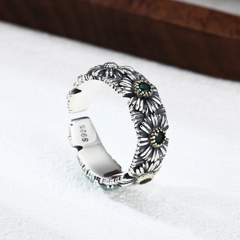 925银戒指 做旧雏菊戒指 男女同款开口戒指