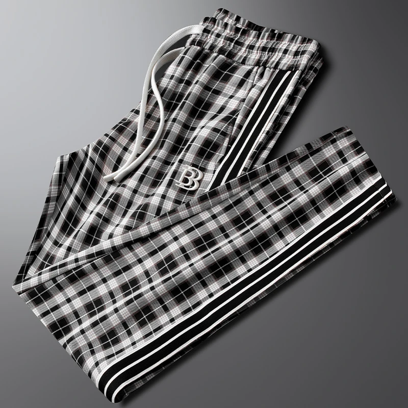 轻奢高端夏季薄款英伦风色织格休闲裤男款修身字母刺绣直筒长裤男