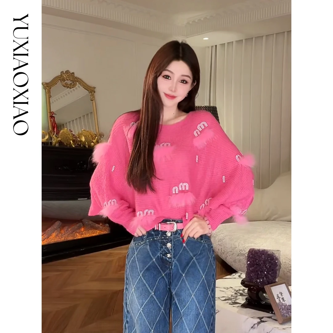 余潇潇【缪系甜心】纹理感纯欲绵羊毛混纺纱线一字领蝙蝠袖毛衣