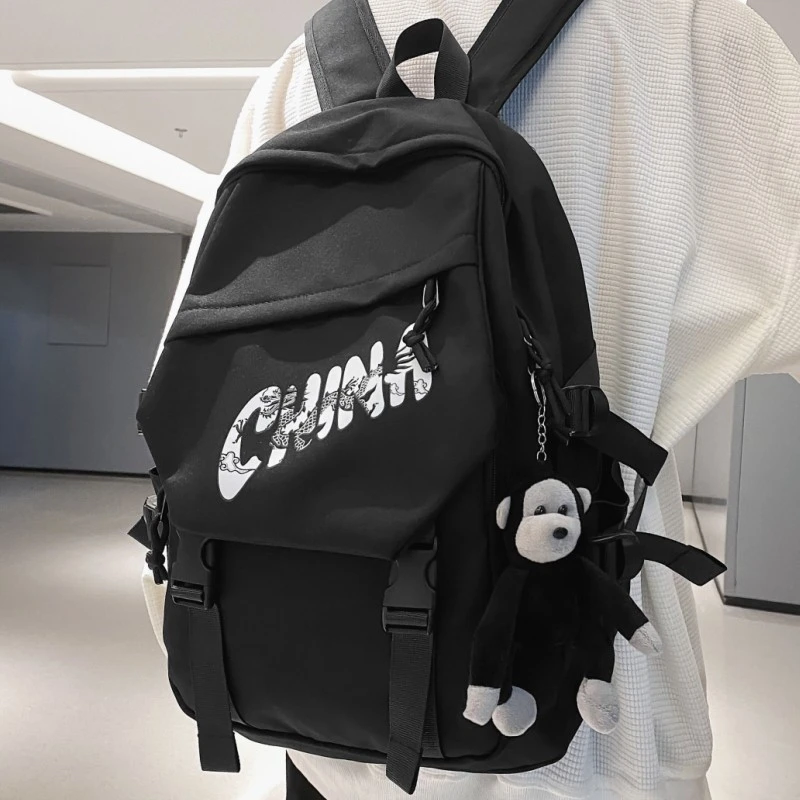 潮牌双肩包男士简约百搭大容量旅行背包女初中生高中大学生书包男