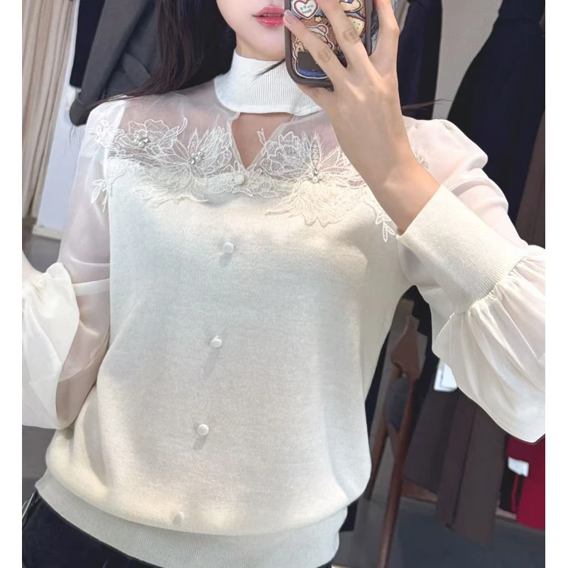 【华艺优选】时尚气质女神半高领镂空羊毛混纺长袖打底衫