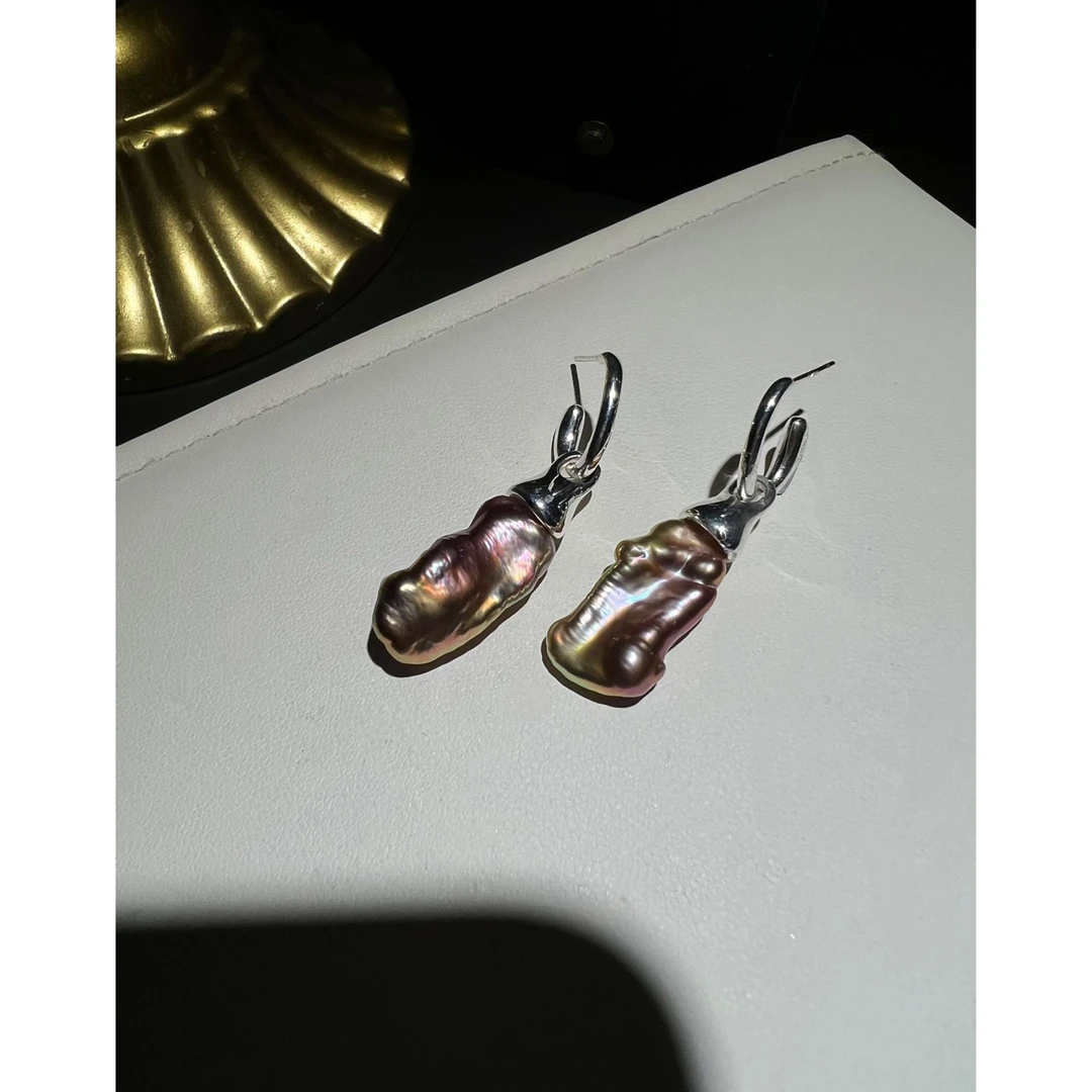 JUNMU天然炫彩怪紫色琵琶珠珍珠耳坠925银耳环耳钉多样性发货发一