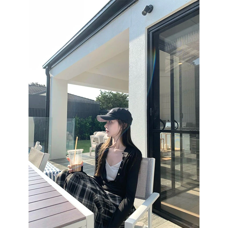 简约时尚辣妹风修身显瘦打底衫百搭长袖上衣女高腰小众格纹阔腿裤