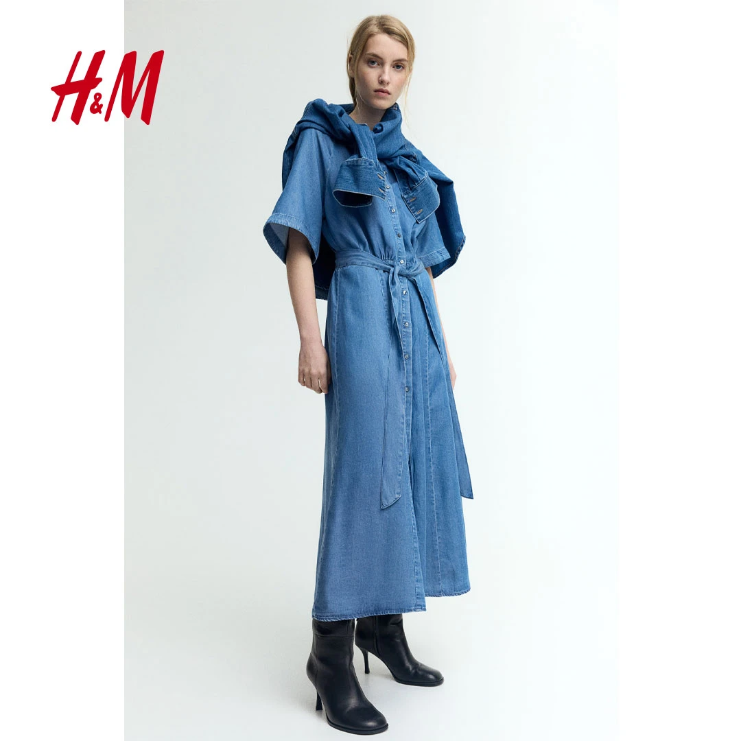 HM2025年春新款女装莱赛尔春游出行百搭中长款牛仔连衣裙1271135