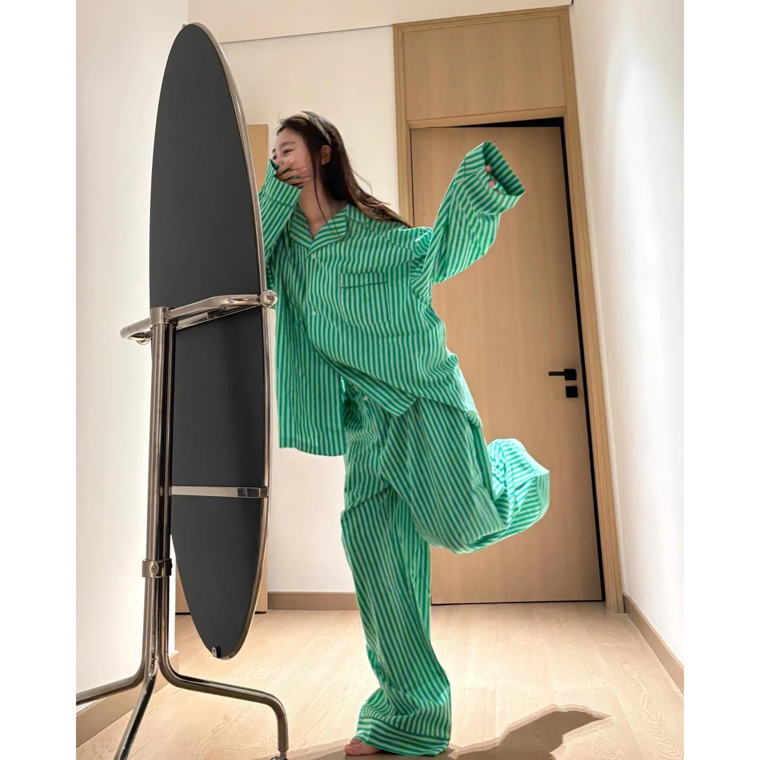 韩系慵懒感撞色条纹睡衣女春秋新款休闲长袖长裤家居服套装可外穿