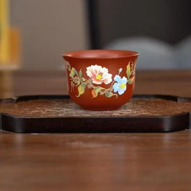 7216中式手绘对杯紫砂茶具大红袍堆绘牡丹花主人杯130cc左右FSY