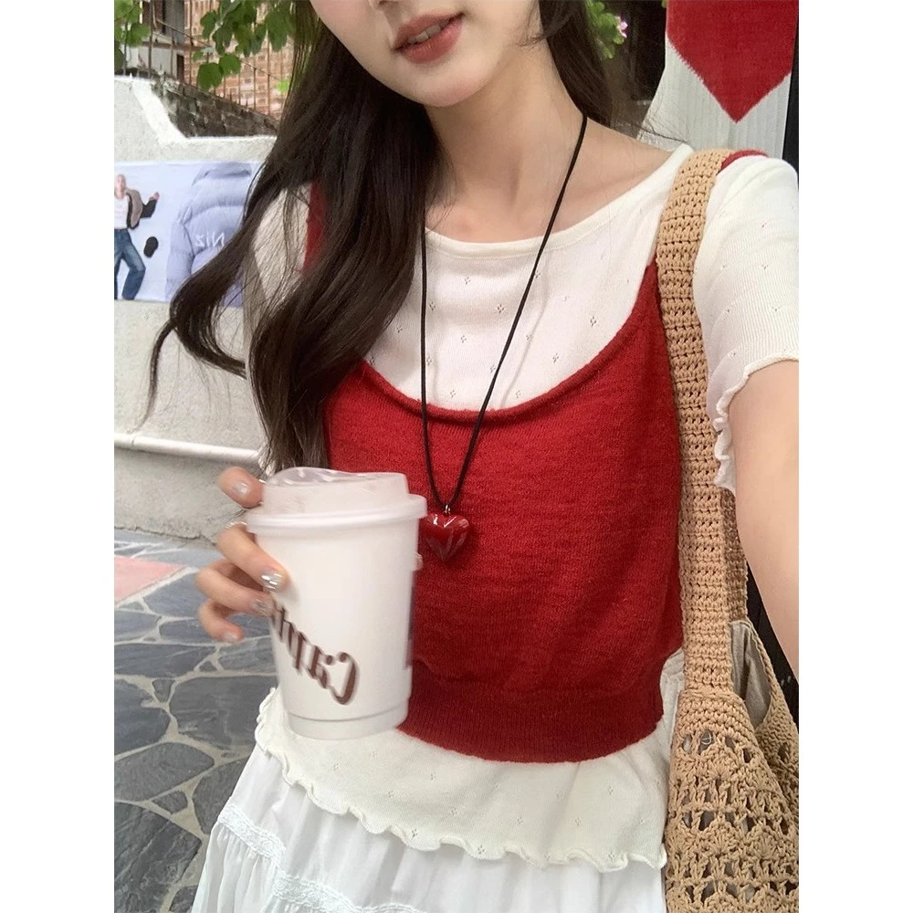 甜美减龄针织吊带背心短袖两件套春夏新款韩系设计感小众显瘦套装