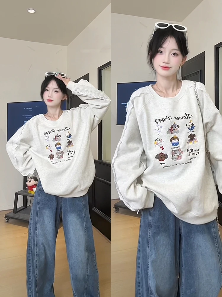 拼接蕾丝刺绣圆领卫衣女秋季薄款宽松设计感小众慵懒无帽上衣韩系