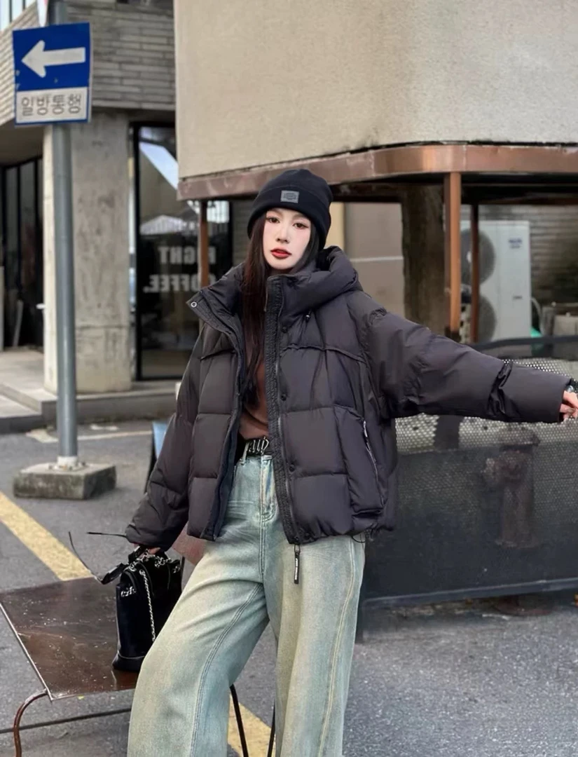 欧货羽绒服女短款2024新款连帽韩版冬季百搭加厚保暖面包服外套潮