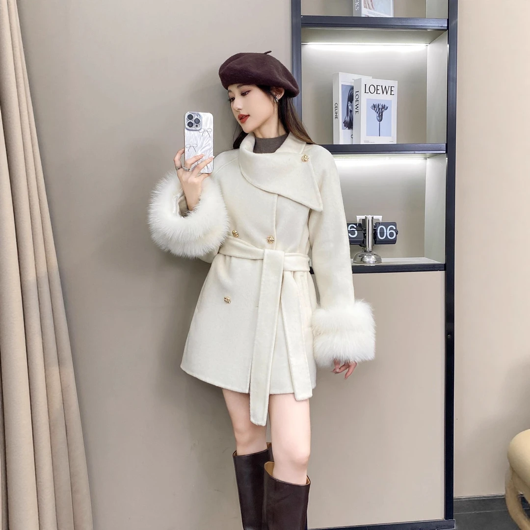 时尚潮流韩版小个子百搭加厚袖口毛毛外套毛呢外套羊毛大衣女双面