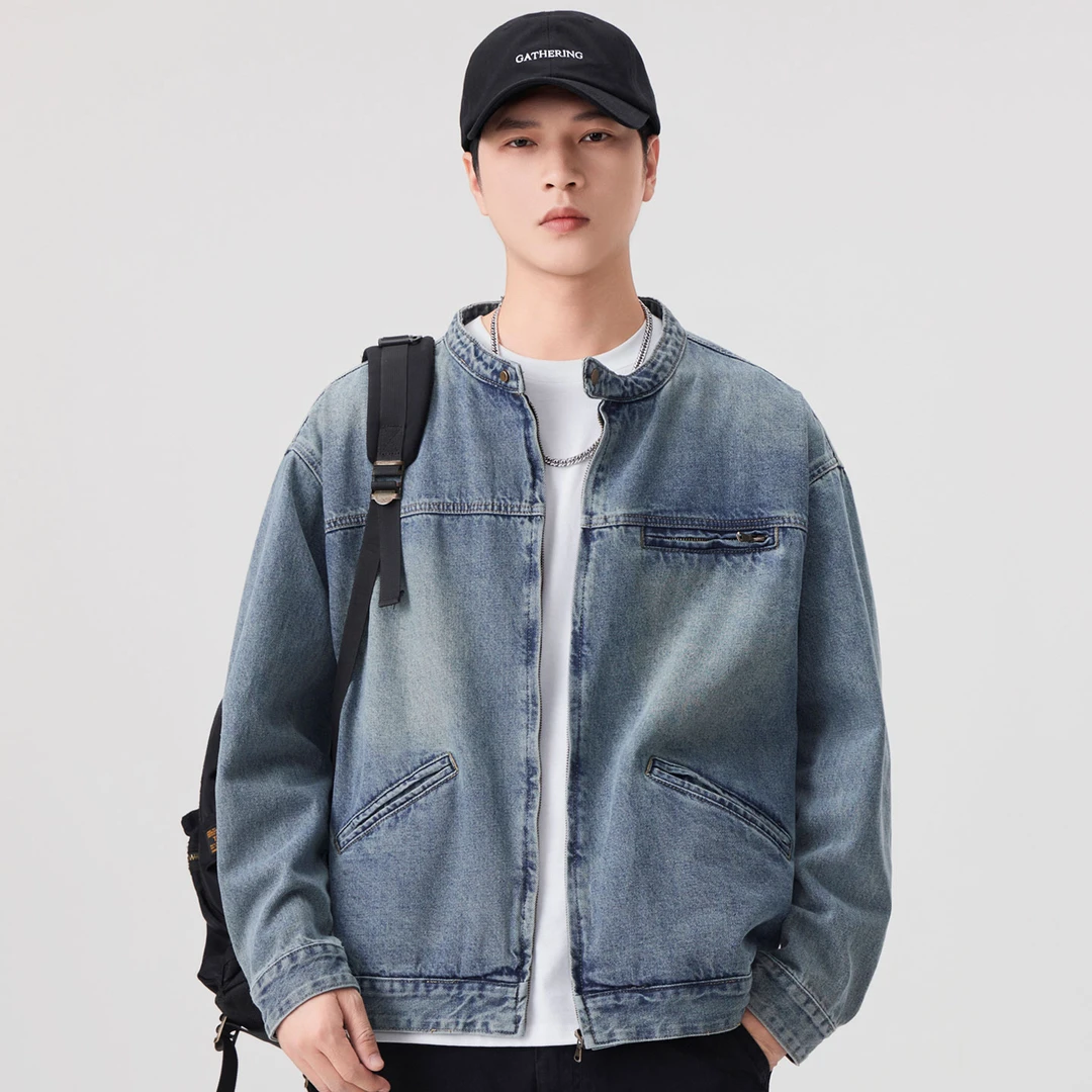 2025春秋新款美式休闲外套男生高端痞帅秋季立领男装牛仔夹克褂子