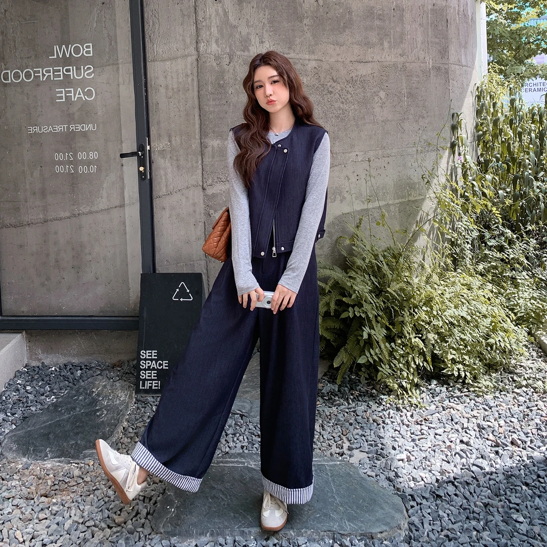 法式高级感减龄显瘦马甲打底衫阔腿套装2025秋款气质轻熟风三件套
