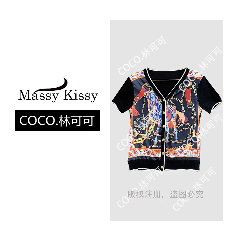 【COCO林可可】彩色骏马 桑蚕丝拼接针织印花短袖开衫外套欧货2025