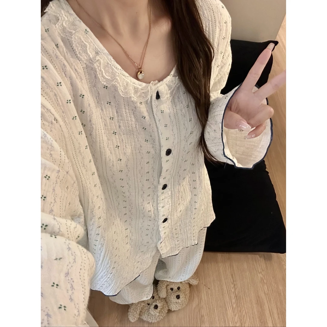 田园风甜美小清新碎花棉纱睡衣女春秋新款长袖套装可外穿居家服