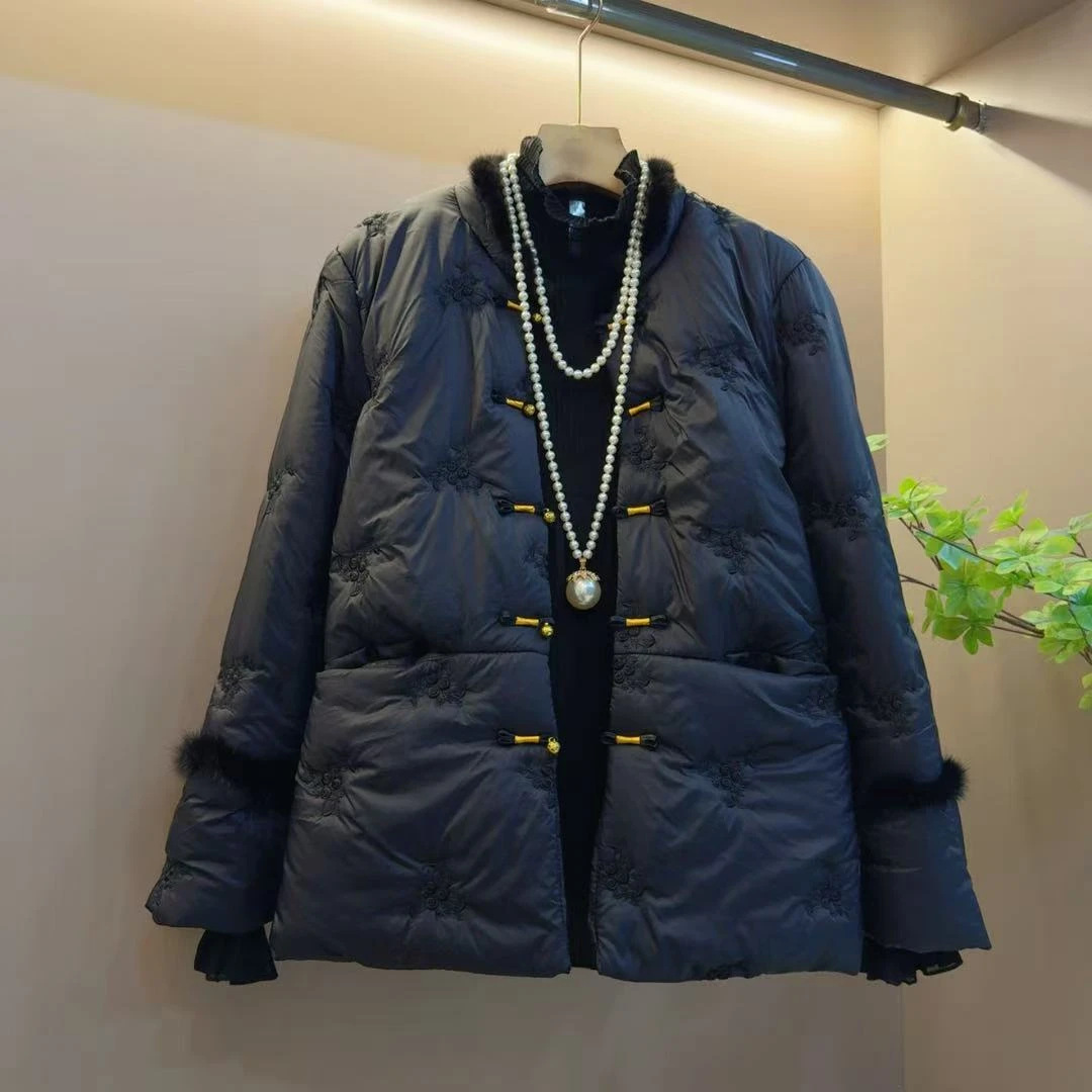 秋冬欧洲站气质新款绣花古风宽松洋气薄棉服外套（长66左右）