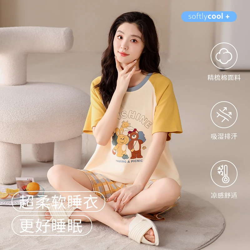 夏季睡衣女套头黄色显白休闲风家居服套装