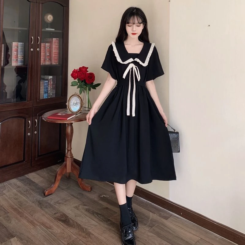娃娃领连衣裙女夏季新款时尚法式温柔学院风系带收腰黑色长裙子女