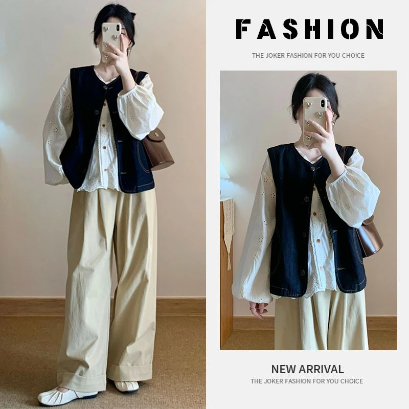 春季小香风一整套穿搭女装2025新款韩版上衣牛仔马甲休闲裤三件套