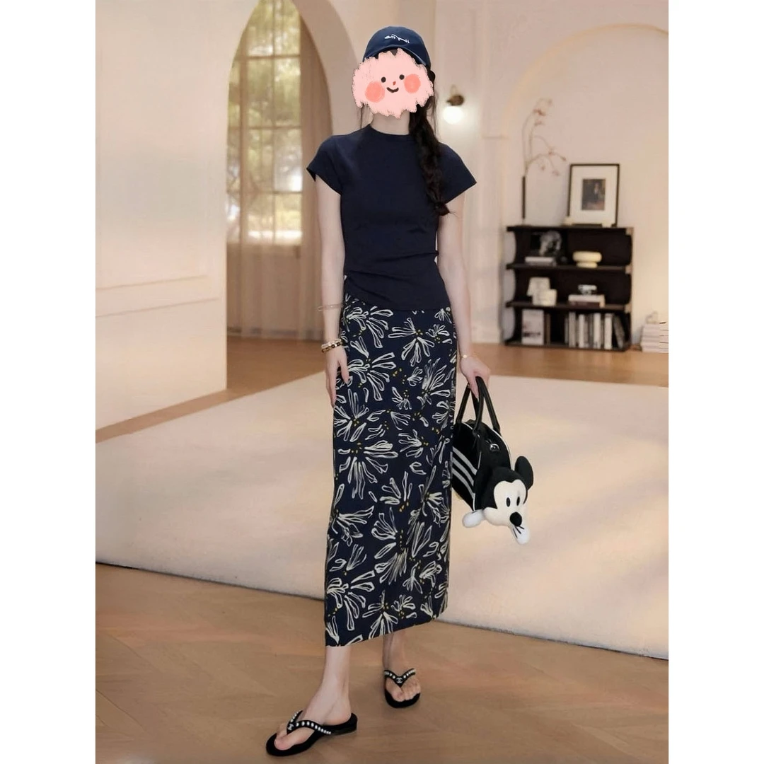 洋气衣服女2025夏季减龄显瘦短袖T恤上衣百搭大花半身裙气质套装