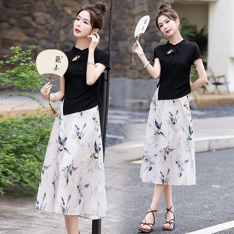 套装流行时尚女装國风气质盘扣短袖上衣设计感新中式半裙套装女