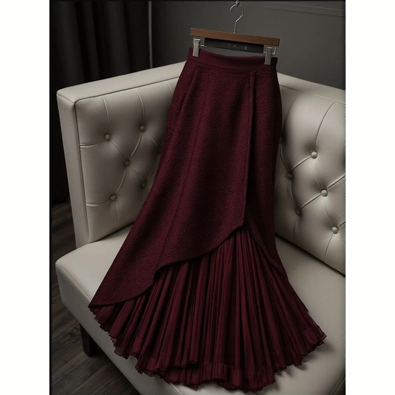 高级感洋气时尚酒红色毛呢裙子2025秋冬新款设计感小众漂亮半身裙