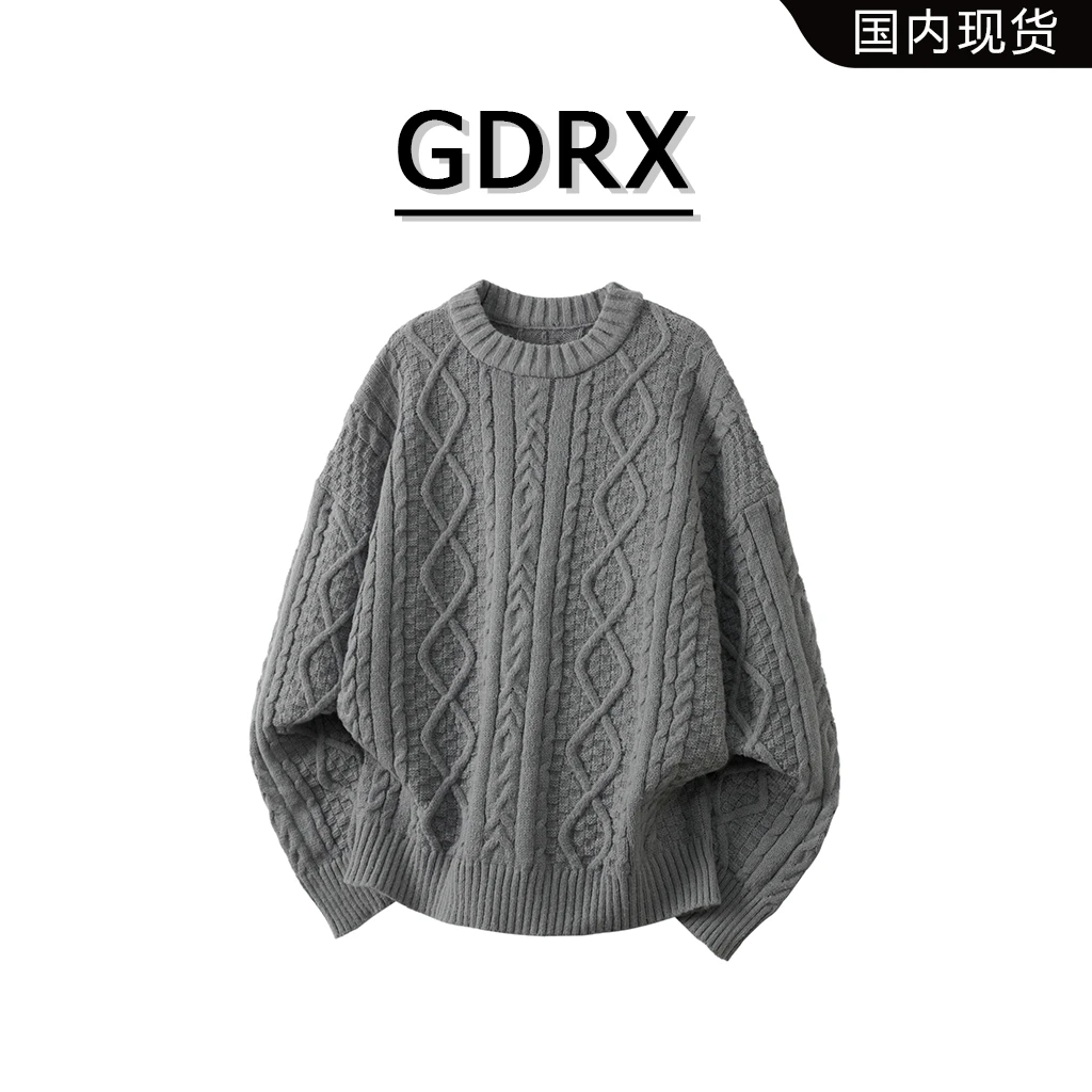 GDRX美式复古绞花毛衣男士秋季新款宽松休闲肌理感圆领百搭上衣