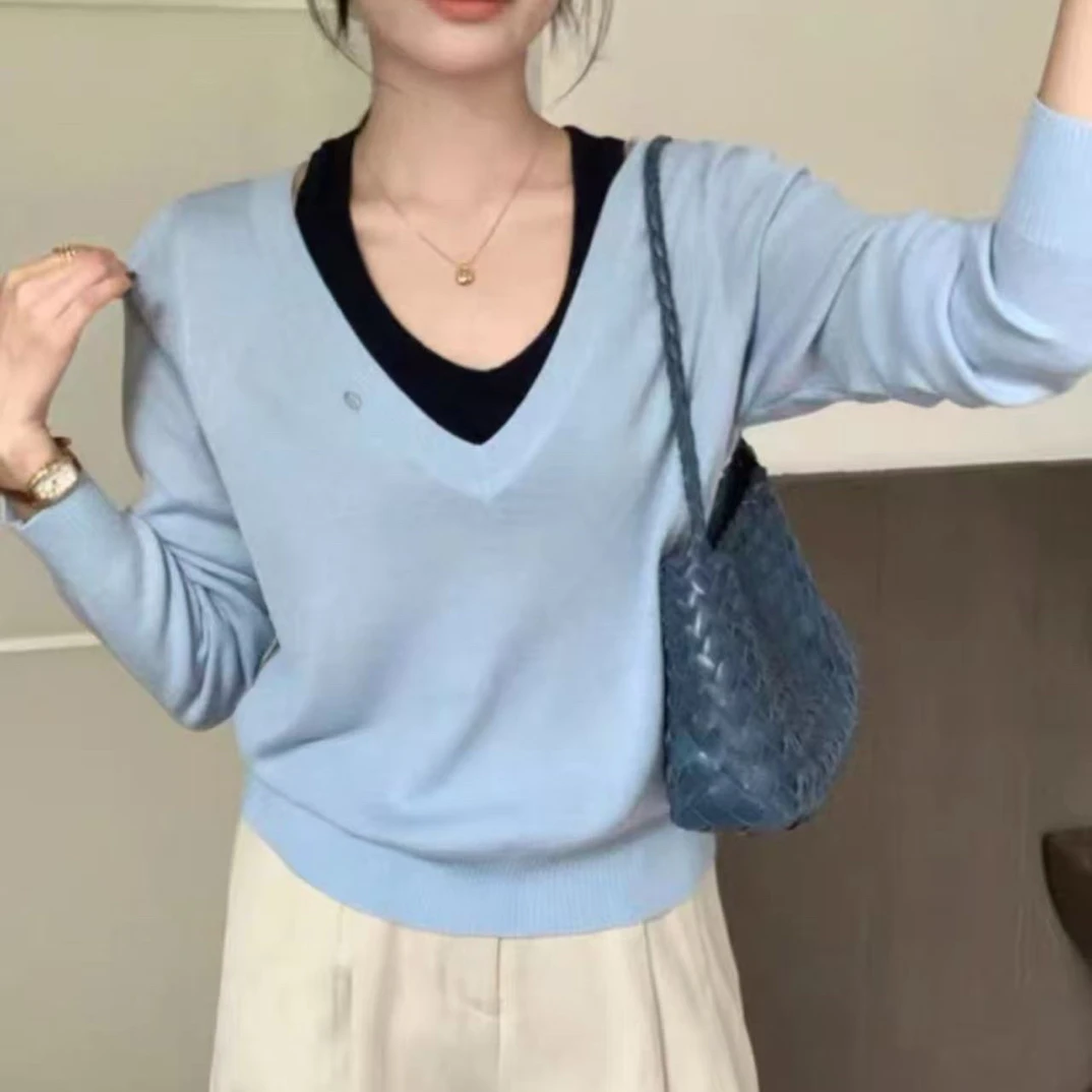 59113 韩系撞色挂脖假两件长袖针织衫