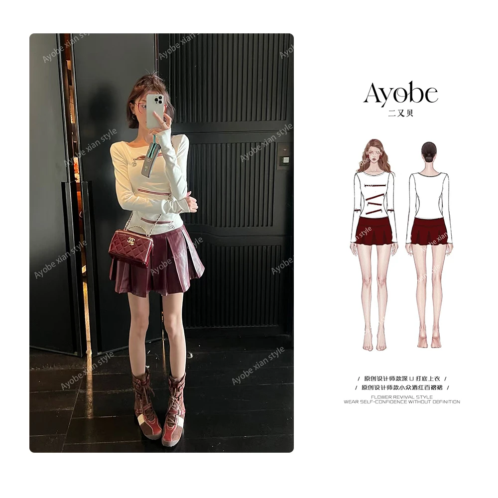 AYOBE原创设计师款/霓虹岛  千禧辣妹摇滚复古百褶pu皮机车半身裙